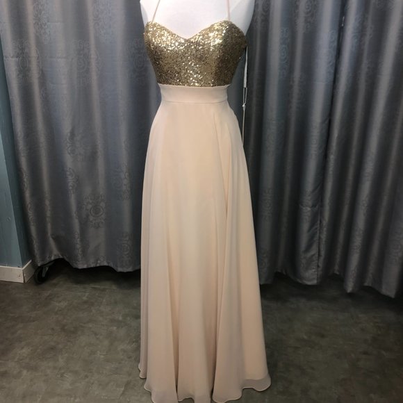 New Gold Sequin Champagne Dress, Aline Bridesmaid Formal Sparkle Gather and Gown - Picture 7 of 14